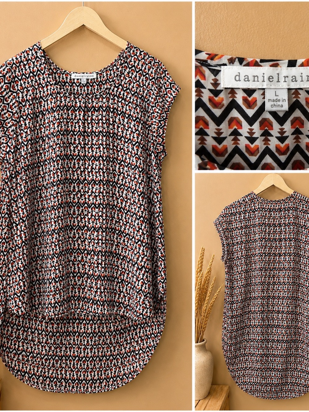 Daniel Rainn Black White and Rust Geometric Cap Sleeve Tunic